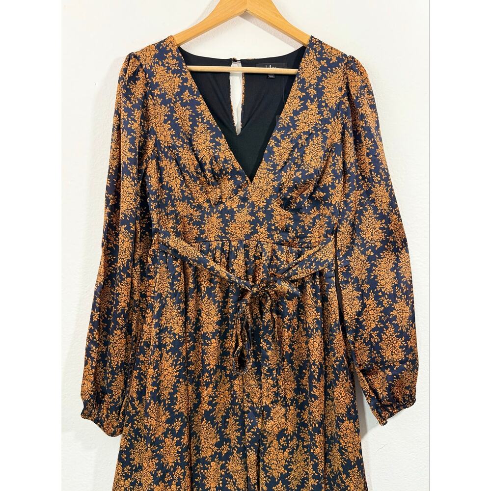 Lulus Floral Midi Dress Black Orange Print Size M NWT Balloon Sleeve Wedding - Picture 6 of 10